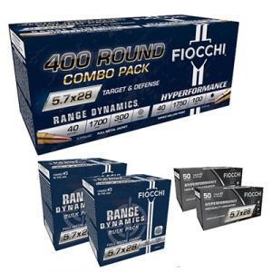 Fiocchi Target & Defense Handgun Combo Pack Ammunition 5.7x28mm 40gr FMJ 1700fps 200/ct & 40gr THP 1750 fps 200/ct (400/ct Total) 762344866185