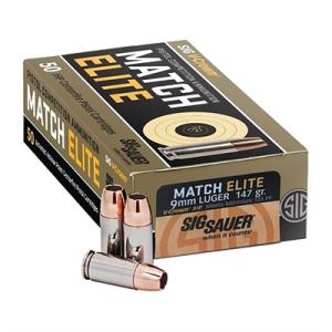 SIG Sauer Match Elite Handgun Ammunition 9mm Luger 147gr JHP 880 fps 50/ct 798681592449