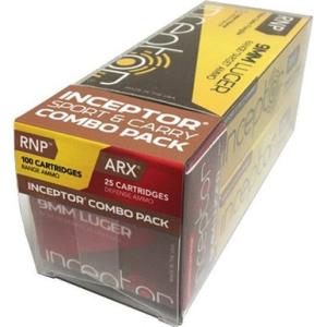 Inceptor 9mm Ammo Sport Defense Combo 65 Grain Cu/P 125 Rounds