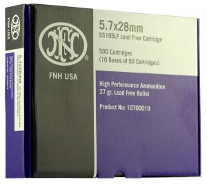 FN SS195LF Ammunition 5.7x28mm FN 27 Grain Jacketed Hollow Point Lead-Free Case of 2000 (40 Boxes of 50) SS195LF