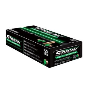 Ammo Inc Streak 9mm 115 gr TMC 50rds Handgun Ammo for Visibility and Precision - 9115TMCSTRKGRN50 