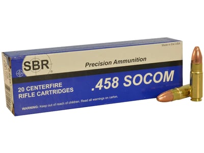 SBR Ammo .458 SOCOM Precision Ammunition 350 Grain FMJ 1650 fps 20 Rounds