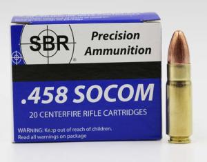 SBR Ammo .458 SOCOM Precision Ammunition 450 Grain FMJ Subsonic 20 Rounds