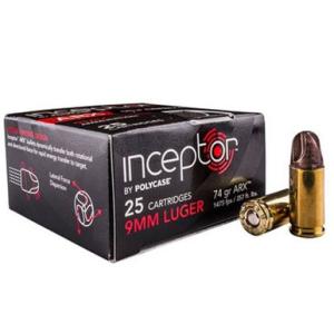 Polycase Inceptor 9mm ARX Ammo Self Defense 74 Grain 1550 fps 25 Rounds