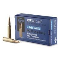 PPU Rifle Ammunition 7.5mm x 55 Swiss 174 gr FMJ-BT 2525 fps 20/ct