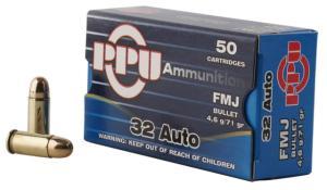 PPU Handgun Ammunition .32 ACP 71 gr FMJ 903 fps 903 fps 50/ct
