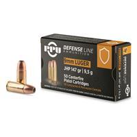 PPU Defense 9mm Luger 147 Grain Jacketed Hollow Point Brass Cased Pistol Ammo 50 Rounds PPD92 PPD92
