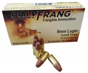 PolyFrang 9mm Frangible Ammunition 90 Grain Flat Tip Lead Free 50 Rounds 90000090 