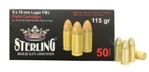 Sterling 9mm Ammo 115 Grain Brass Cased 50 Rounds