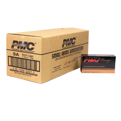 PMC Pistol Ammo 9mm 115 Gr FMJ Brass Case 1160 FPS 1000 Rd./Ct 9074156907027