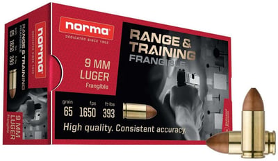 Range Training Frangible 9mm Luger 65 Grain Frangible Brass Cased Centerfire Pistol Ammo 50 Rounds