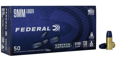 Federal Premium Syntech Defense 9 mm Luger 138 Grain Segmented Jacketed Hollow Point Brass Cased Pistol Ammo 50 Rounds S9SJT2 S9SJT2