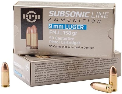 PPU Subsonic Handgun Ammunition 9mm Luger FMJ 158 gr 950 fps 50/ct