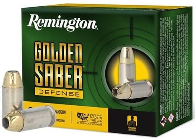 Remington Golden Saber Defense 45 Auto +P 185 Grain Brass Jacketed Hollow Point Nickel-Plated Cased Pistol Ammo 20 Rounds 27611