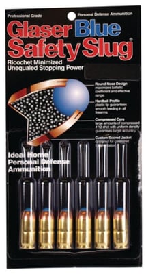 Glaser Blue Safety Slug 9mm Luger +P 80 Grain 1500 fps 6 Rounds