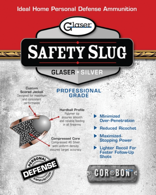 Glaser Silver Safety Slug 45 ACP +P 145 Grain 6 Rounds