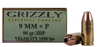 Grizzly Cartridge Ammo 9mm +P 90 Gr JHP 815152012159