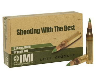 IMI Ammunition 5.56x45mm NATO 62 Grain M855 SS109 Penetrator FMJ-BT 30 Rounds IMIM855