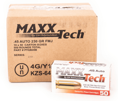 MaxxTech Ammo .45ACP Brass Case 230 Gr FMJ 830 FPS 500 Rd.
