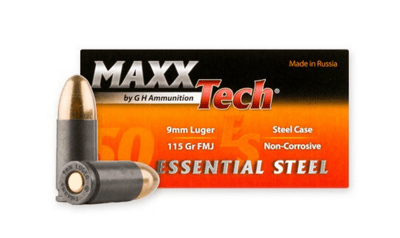 MaxxTech Essential Steel 9mm Ammunition 115 Grain FMJ 1230 fps 50 Rounds