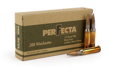 Perfecta Ammo .308 Winchester 147 Grain FMJ Brass 20 Rd./Box 400 Rd./Case PF308000