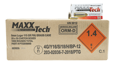 MaxxTech 9MM 115GR FMJ Brass Case 1000 Rd.