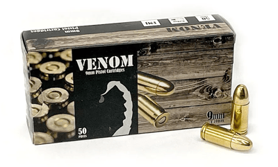 Venom 9mm Ammunition 115 Grain FMJ Brass Cased 1210 fps 50 Rounds