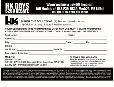 H&K $200 Manufacturer Rebate On All Models of USP, P30, HK45, Mark23, MR Rifle - $200 (excludes VP9)