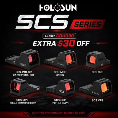 Holosun SCS Series Red Dot Optics Sale — SCS-P10-GR, SCS MOS Green, SCS 320, SCS MP2, SCS PDP, SCS VP9 — $30 OFF w/ Code GDHO30 