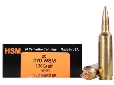 HSM Trophy Gold 270 Winchester Short Magnum (WSM) Ammo 130 Grain Berger Hunting VLD (Very Low Drag) Jacketed Hollow Point Box of 20 - $56.20 (Free Shipping on $100+ Orders)