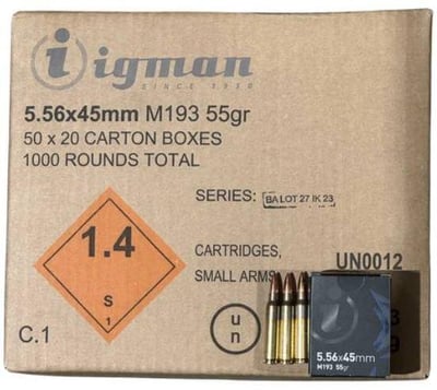 IGMAN 5.56 M193 55GR FMJ Rifle Ammunition 1000rd Box - $399.99 + Free Shipping 