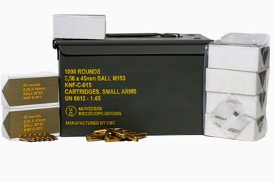 CBC M193 5.56x45mm FMJ 55 Grain Brass (1000 Rounds and Free 50 Cal Ammo Can) (Essentially Magtech/S&B) - $449.99