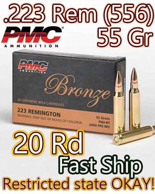 PMC 223A Bronze 223 Rem 55 gr Full Metal Jacket Boat Tail 20rd [Limited 30] - $5.45 