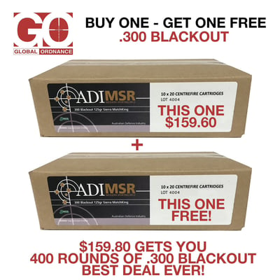 Buy 1 Get One Free Case of Australian Munitions .300 Blackout 125 GR. HP MatchKing 400 rounds - $159.80