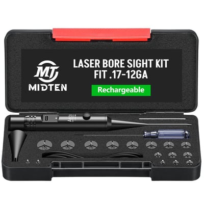 MidTen Rechargeable Bore Sight Laser for .17-12GA, Red/Green with Multiple Adapters Rechargeable Battery and Button Switch - $18.19 w/code "P67UB8CP" + FREE Shipping