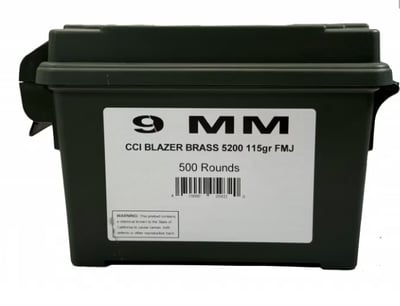 CCI Blazer Brass 115GR 9mm Full Metal Jacket (FMJ) - Bulk Pack - 500rd Ammo Can - $129.99 
