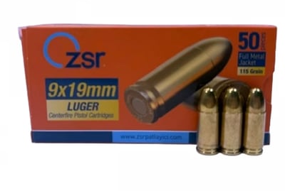 ZSR 9MM Ammunition, Brass Cased, Boxer Primed,Nato Spec, Reloadable, Non-Corrosive, 115 Grain FMJ - 50 Rd Box - $12.99