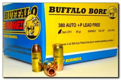 BUFFALO-BARNES LEAD-FREE 380 Auto +P Ammo - 80 gr. Barnes TAC-XP (1275fps/ME 289 ft. lbs.) - 20 Round Box - $43.99 ($9.99 S/H)