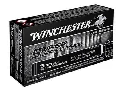 Winchester Super Suppressed FMJ 9mm 147 Grain Handgun Ammunition 50 Round Box - $16.99