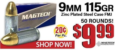 MagTech Zinc Plated Steel Case 9mm 115-Gr. FMJ 50 Rounds - $9.99
