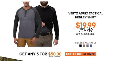 Vertx Adult Tactical Henley Shirt - $19.99 (Buy any 3 for $50 with code: 3FOR50) + Free S/H