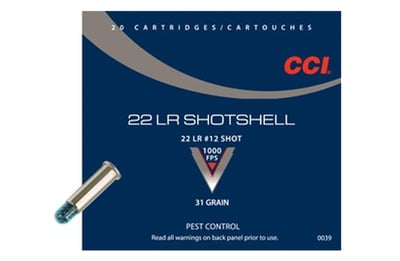 CCI 0039 Pest Control Shotshell 22LR 31 GR 12 Shot 20 Rounds - $7.19