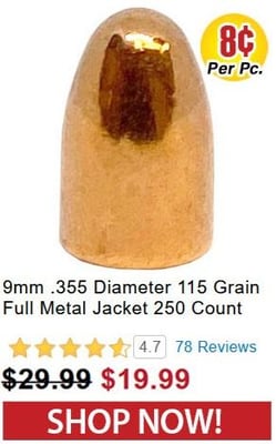9mm .355 Diameter 115 Grain Full Metal Jacket 250 Count - $19.99 