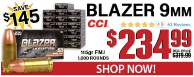 CCI Blazer Brass 9mm 115-Gr. FMJ 1000 Rnds - $234.99 