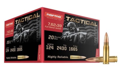 Norma Tactical 124 gr FMJ 7.62x39 Ammunition, 20 Rounds - $9.99 