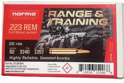 Norma Range & Training 223 Remington Ammo 62 Grain Full Metal Jacket Box of 20 - $7.99 (Limit of 5) (Free Shipping on $100+ Orders)
