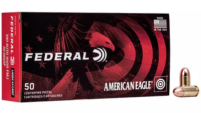 Federal Premium American Eagle Handgun .380 ACP 95 Grain Brass Cased Full Metal Jacket Centerfire Pistol Ammo, 50 Rounds, AE380AP - $17.99 (Free S/H over $49 + Get 2% back from your order in OP Bucks)