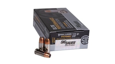 SIG SAUER Elite V-Crown 9mm Luger 124 Grain Jacketed Hollow Point Brass Cased Centerfire Pistol Ammo, 50 Rounds, E9 mmA2-50 - $31.19 (Free S/H over $49 + Get 2% back from your order in OP Bucks)