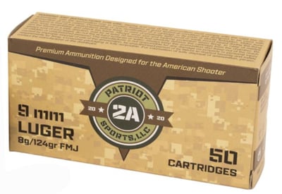 Patriot Sports 9mm Handgun Ammunition 124gr FMJ Brass Case 50 Rounds - $11.58