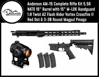 Anderson AM-15 Complete Rifle Kit 5.56 NATO 16" Barrel 15" M-LOK Handguard 1:8 Twist A2 Flash Hider Vortex Crossfire II Red Dot & 3-30 Round Pmags - $399.99 